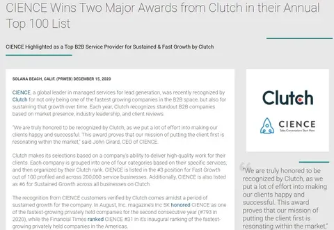 Clutch Gives CIENCE Two Awards in Their Top 100 List