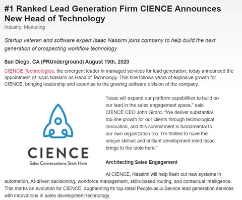 CIENCE Announces New Head of Technology