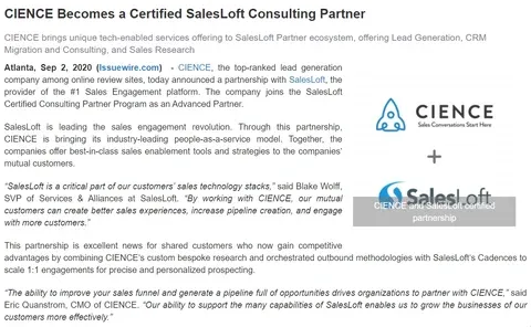CIENCE Announces Partnership with SalesLoft