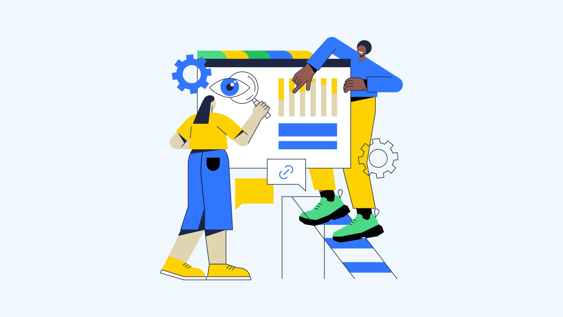 B2B marketers planning a link building strategy with SEO metrics and domain authority charts on screen