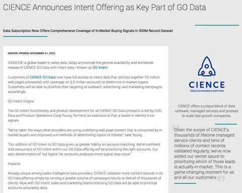 CIENCE Announces Release of GO Intent
