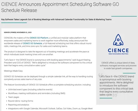 CIENCE Announces Release of GO Schedule