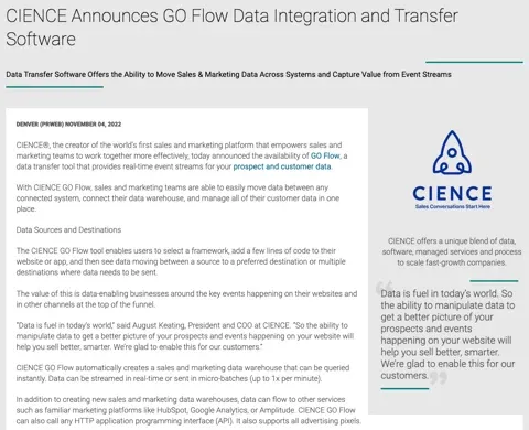 CIENCE Announces GO Flow Data Integration and Transfer Software