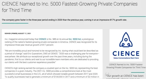 CIENCE Placed on Inc. 5000 List for the Third Year in a Row