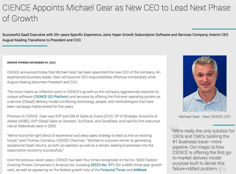 CIENCE Appoints Michael Gear New CEO