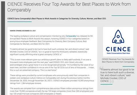 CIENCE Receives Four Top Awards for Best Places to Work from Comparably