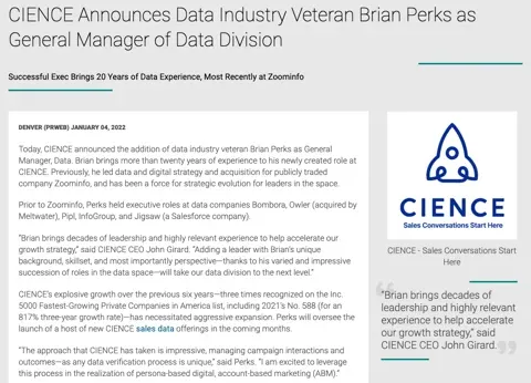 CIENCE Announces Brian Perks General Manager of Data