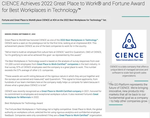 CIENCE Receives 2022 Fortune Award for Best Workplaces in Technology