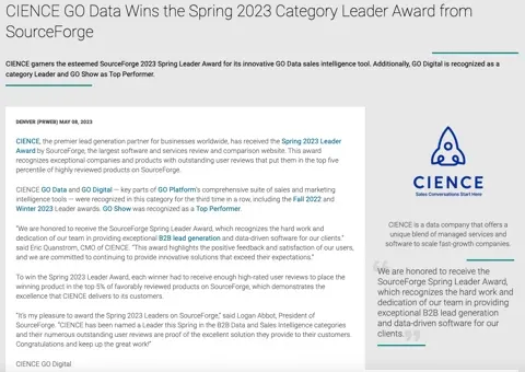 CIENCE Receives SourceForge Winter 2023 Leader and Top Performer Awards