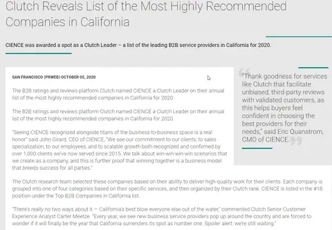 CIENCE Named a Clutch Leader in California