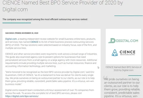 CIENCE Named Best BPO Service Provider of 2020 by Digital.com