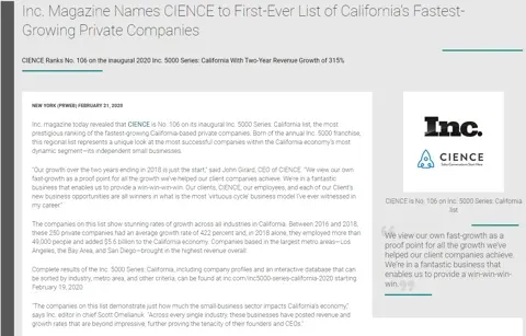 Inc. Magazine Names CIENCE to First-Ever List of California’s Fastest-Growing Private Companies