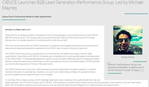 CIENCE Technologies Launches B2B Lead Generation Performance Group, Led by Michael Maynes