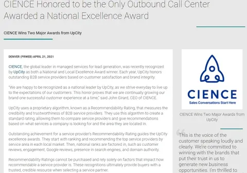 CIENCE Wins Two Major Awards from UpCity