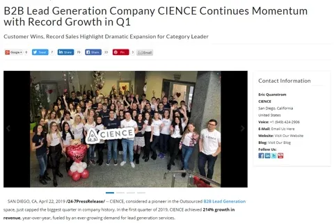 Top B2B Lead Generation Company CIENCE Continues Momentum with Record Growth in Q1