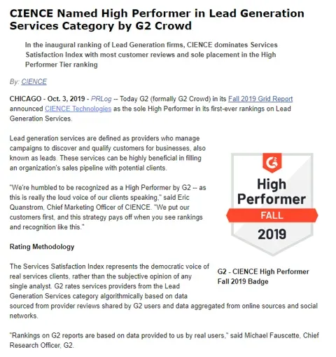 CIENCE Named High Performer in Lead Generation Services Category by G2 Crowd
