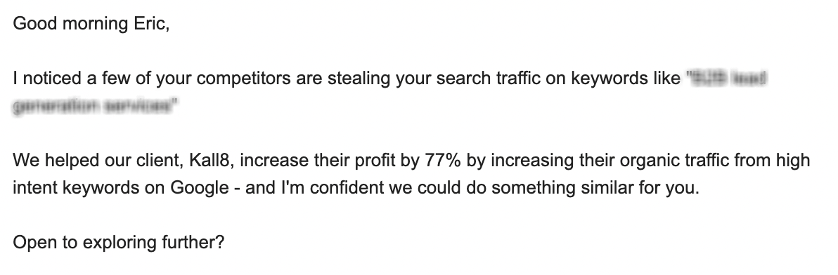 Real-world cold email using hedge words and a curious opener to spark a reply