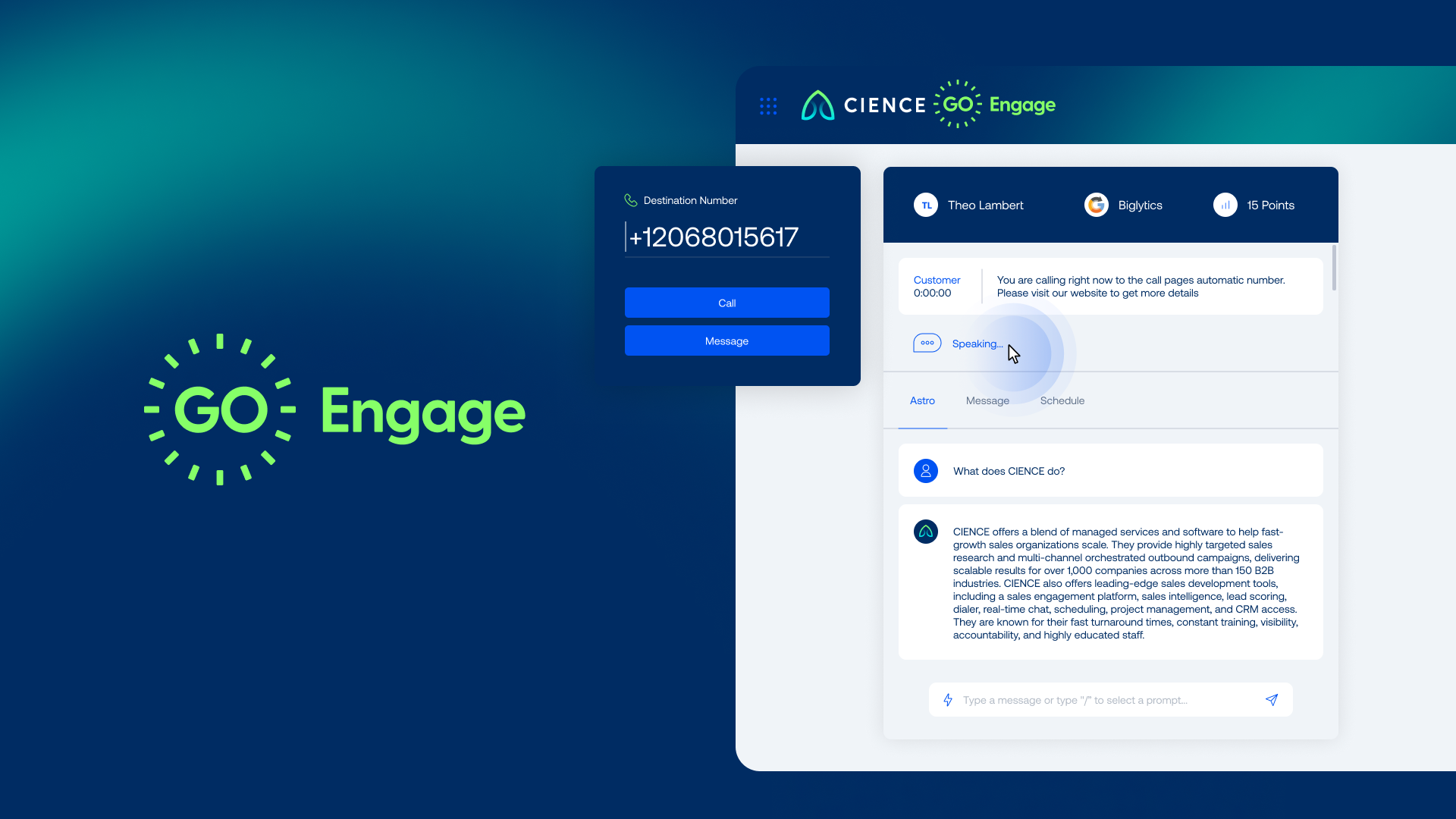 GO Engage product interface showing unified email and SMS campaign automation for B2B outreach