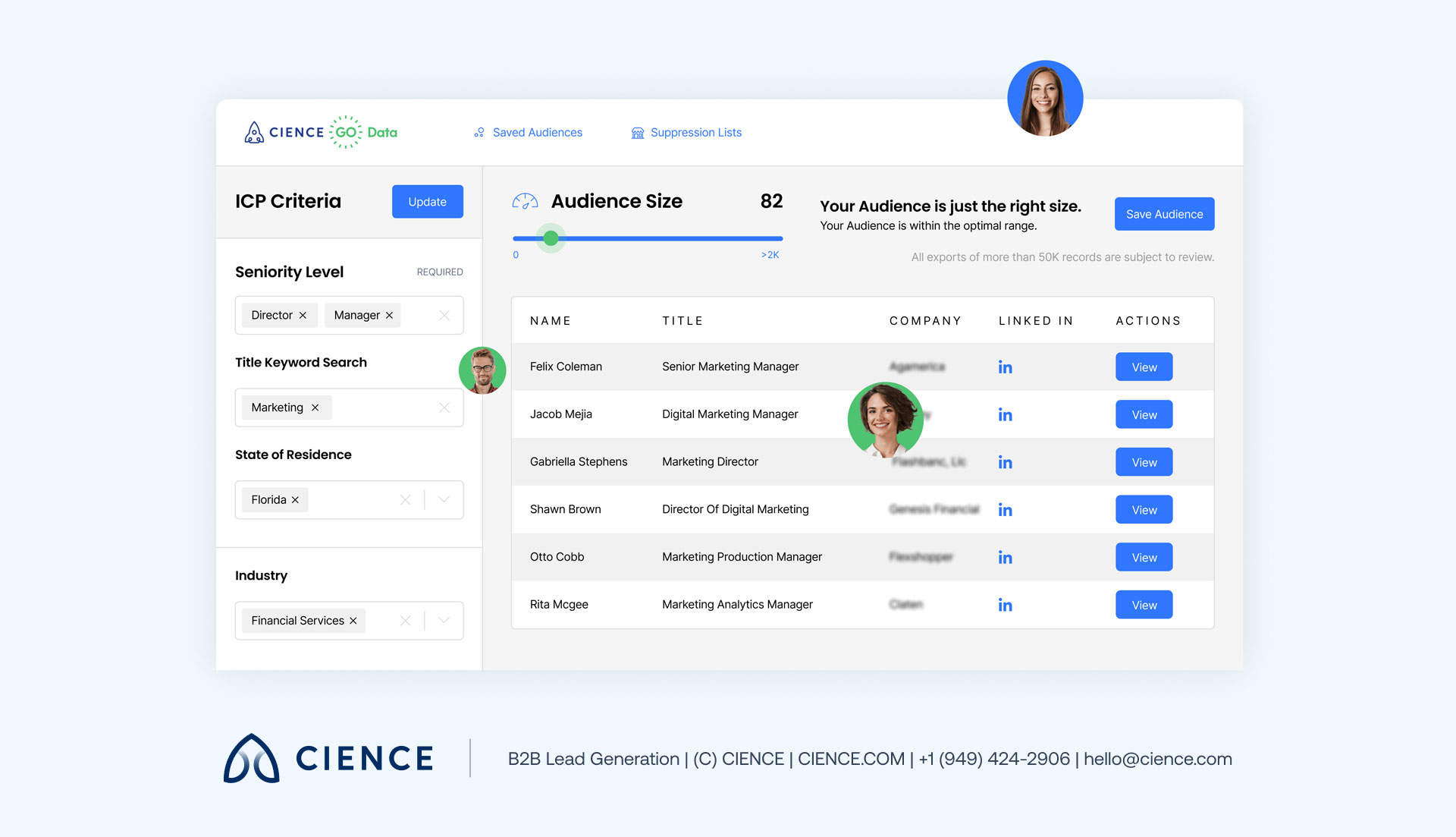 CIENCE GO Data platform interface showing segmented lead records filtered by industry and firmographic criteria