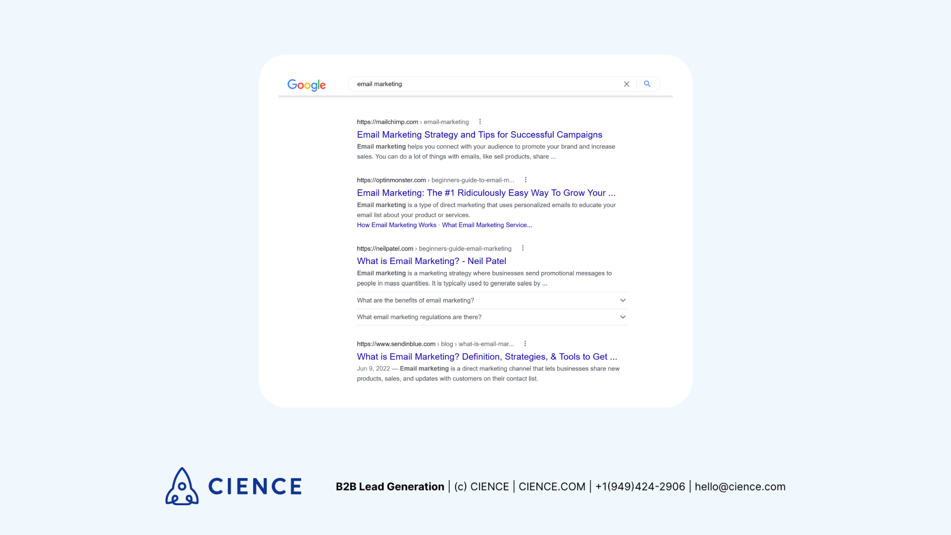 Google SERP for 'email marketing' showing informational intent with guides and best practices — no product pages
