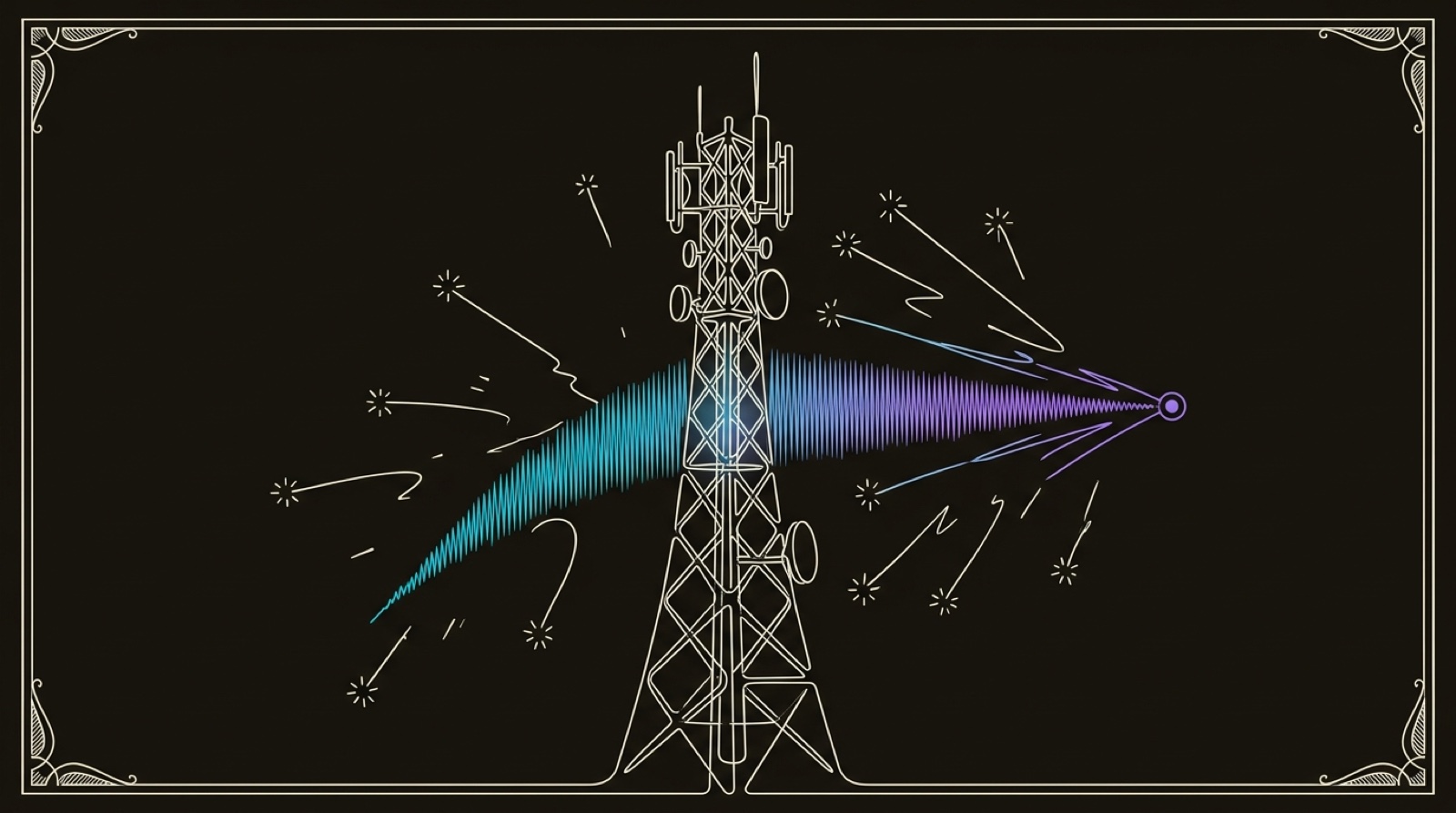 Line-engraving of an antique relay tower gathering scattered audience interaction sparks and sending one cyan-to-violet trust signal toward a buyer response: brand engagement as trust earned before the first sales conversation.