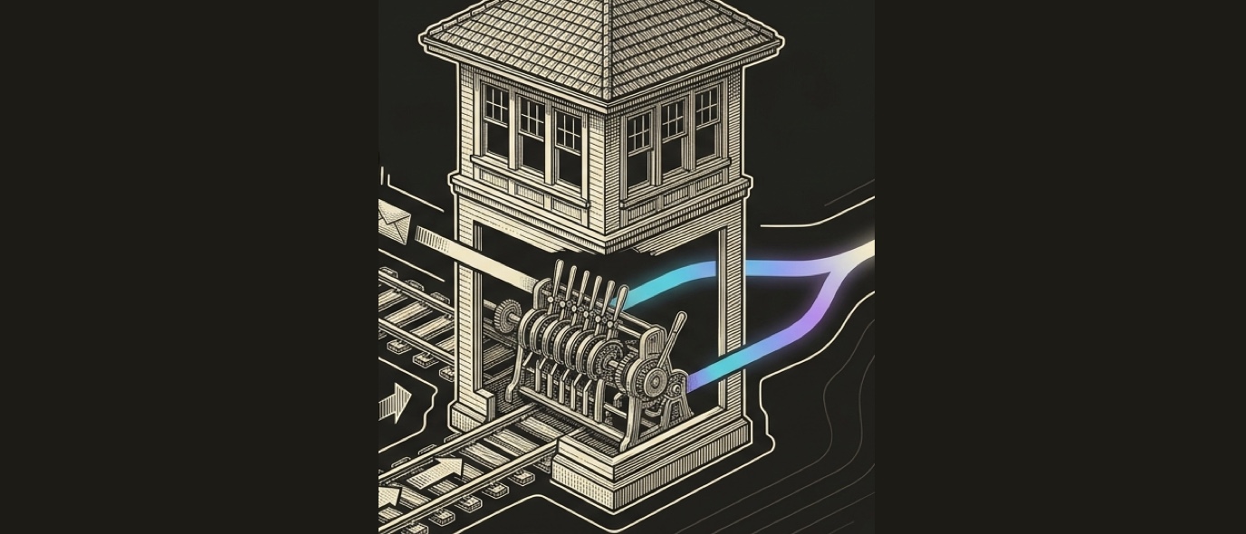 Line-engraving of the same dispatch interlocking tower after the switches are set, with one gradient rail leaving toward coordinated campaign execution.