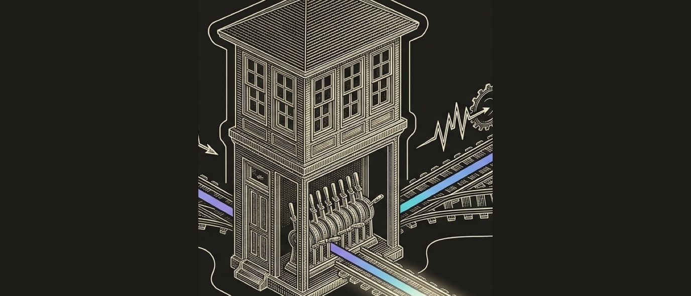 Line-engraving of a rail dispatch interlocking tower coupling open-source automation, B2B data, and outbound execution into one GO Engage route.