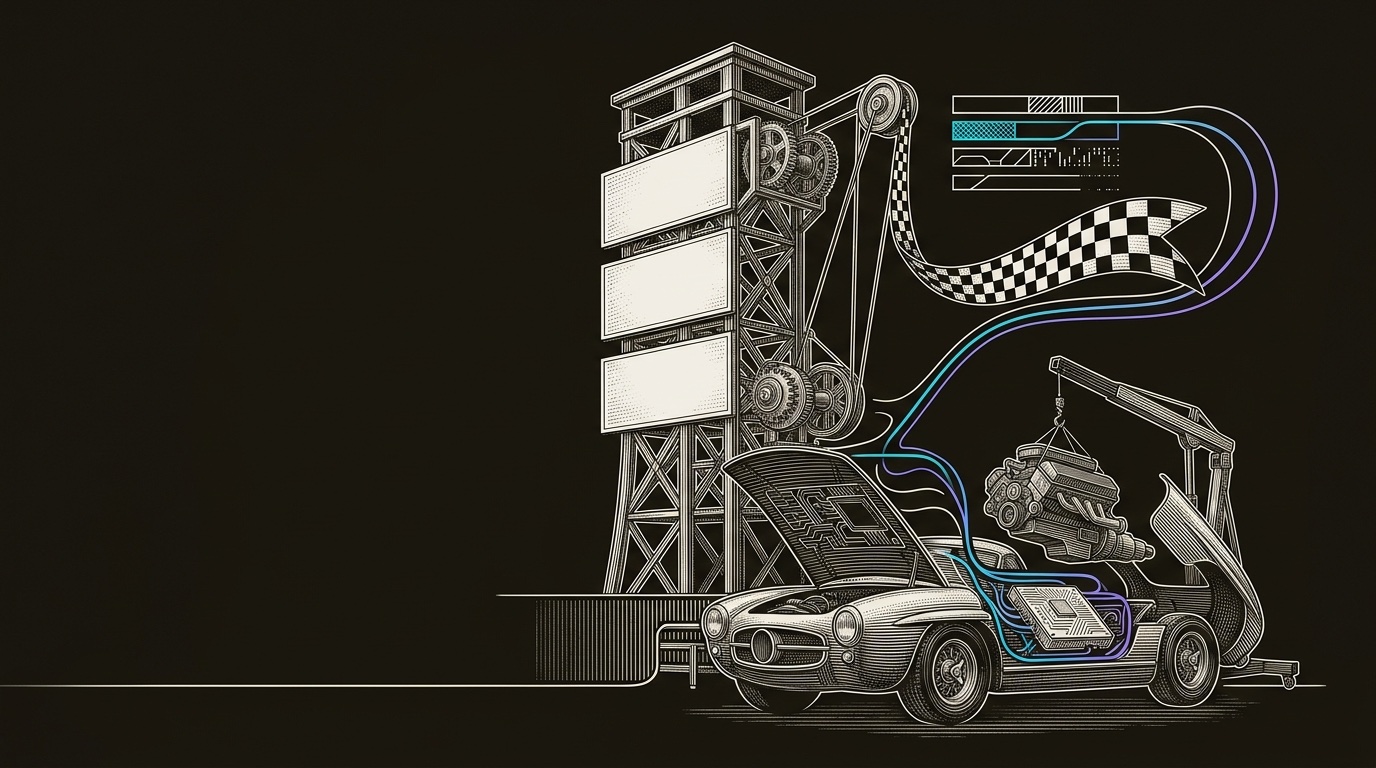 Line-engraving of a vintage race timing tower and pit lane, with three blank finish placards and an old SDR engine lifted from a car while a compact control module is installed: the FT growth record timed the old model before graph8 rebuilt the machine.