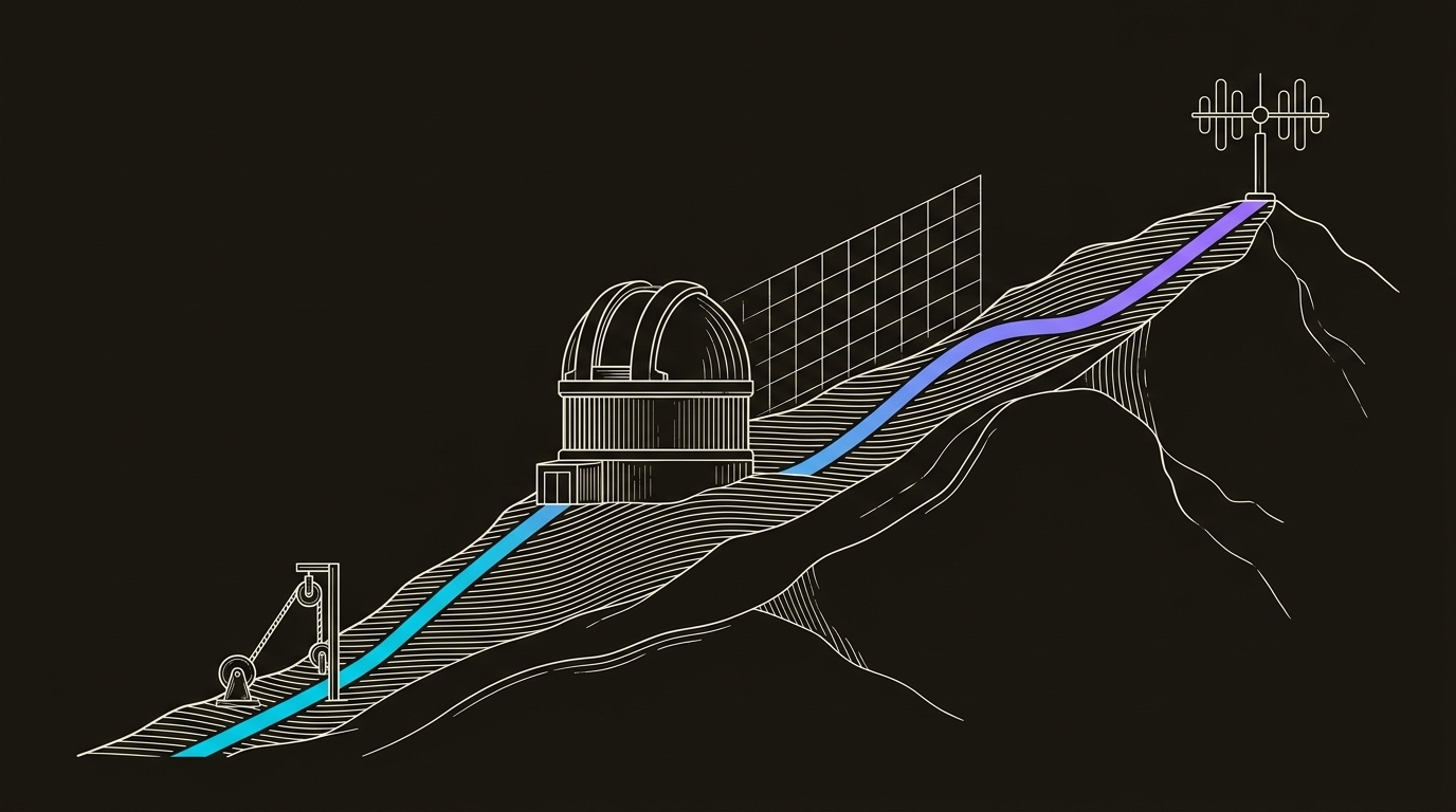 Line-engraving of a brass growth observatory on a dark mountain ridge, with an old rope-and-pulley climb at the base and one cyan-to-violet measured route rising to a signal array at the summit: Inc. 5000 growth becoming engineered GTM.