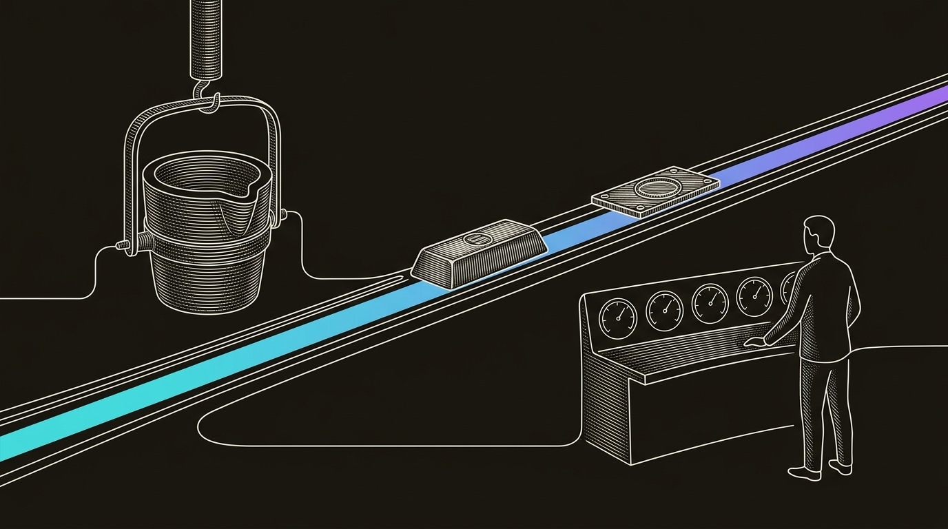 Line-engraving of the signal foundry after the casting is complete: one finished ingot rides a cyan-to-violet rail toward a calm operating desk with aligned gauges.
