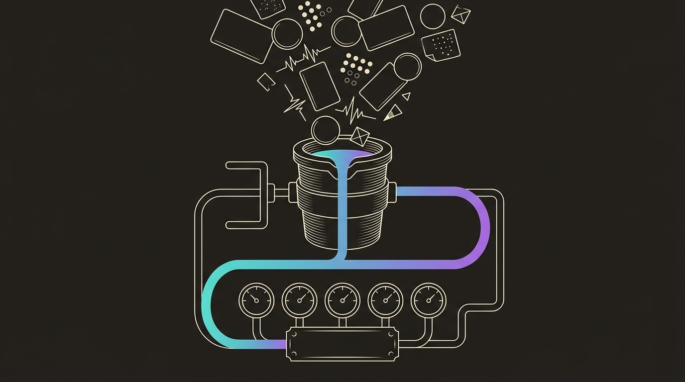 Line-engraving of a signal foundry where blank sales interaction tokens pour into a crucible and one cyan-to-violet molten band feeds calibrated gauges: raw sales data cast into operating decisions.