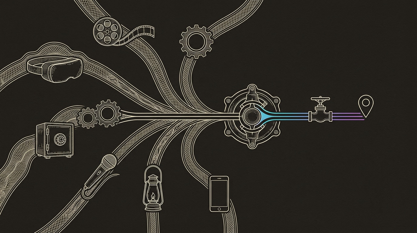 Line-engraving of the same planetarium route table after the seven marketing trend orbits have aligned into one clean buyer journey path that exits into a pipeline gauge.