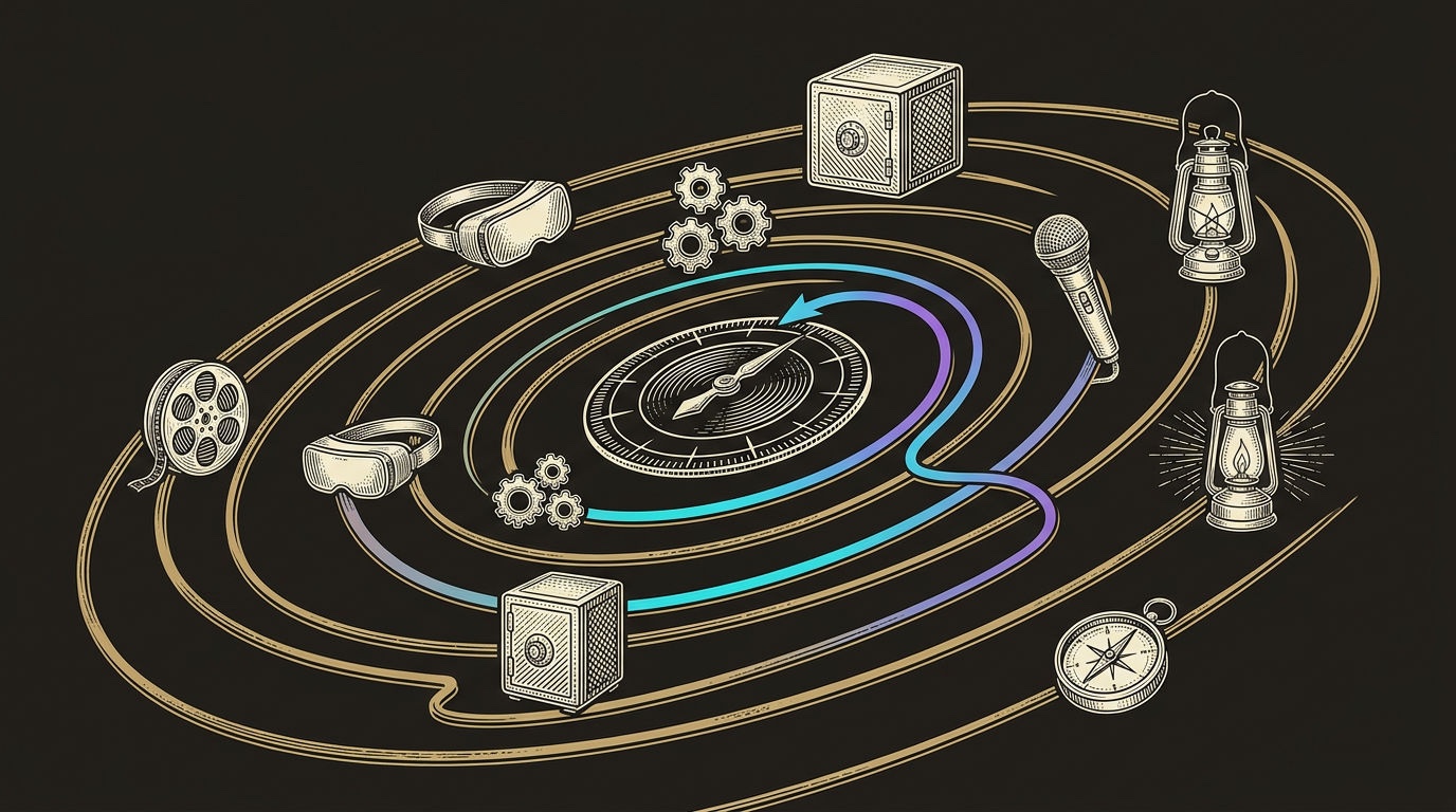 Line-engraving of an antique planetarium route table with seven marketing trend orbits around one central buyer journey dial, one cyan-to-violet path threading through the correct route.