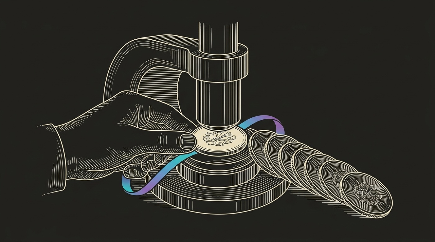 Line-engraving of a coin press: a hand seating a blank disc under the die as finished, hallmarked coins fan out, raw metal struck into trusted currency. The thesis of GO Data: a record is validated by use.