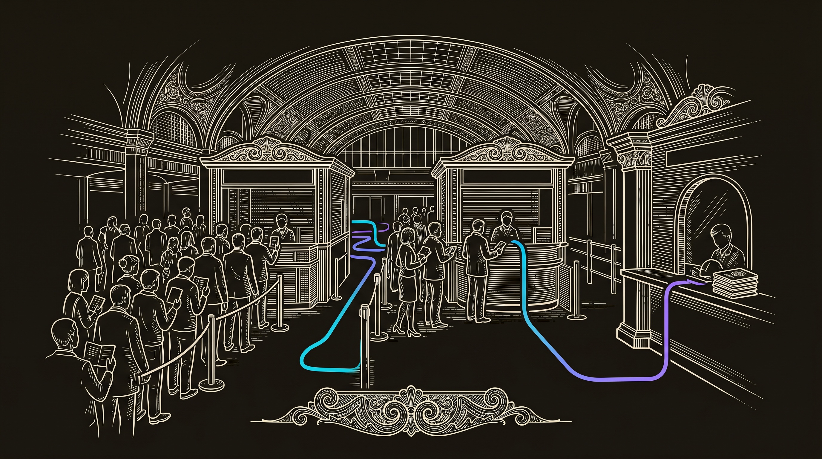 Line-engraving of a B2B passport-control customs hall with three stamping desks and one cyan-to-violet route carrying only cleared contact passports from lead to prospect to opportunity.