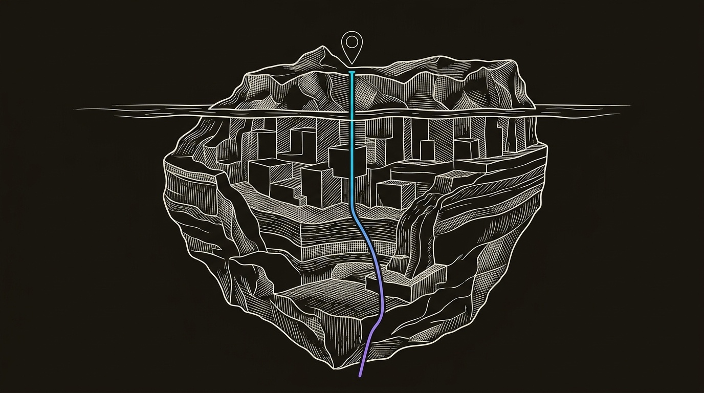 Line-engraving of a dark iceberg cost survey: one qualified-meeting marker sits above the waterline while hidden cost layers fill the mass below, with a cyan-to-violet sounding line tracing the true price of a lead.