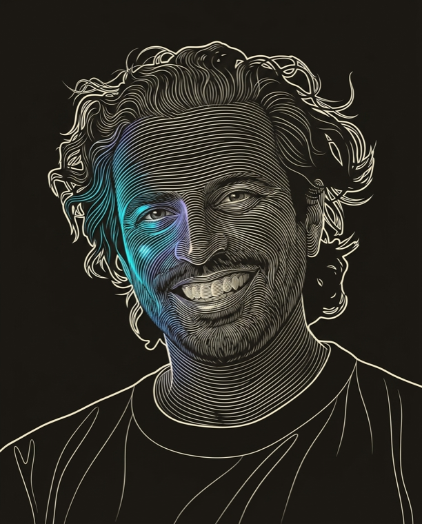 Cream line-engraving portrait of Daniel Conn, Co-Founder at graph8.