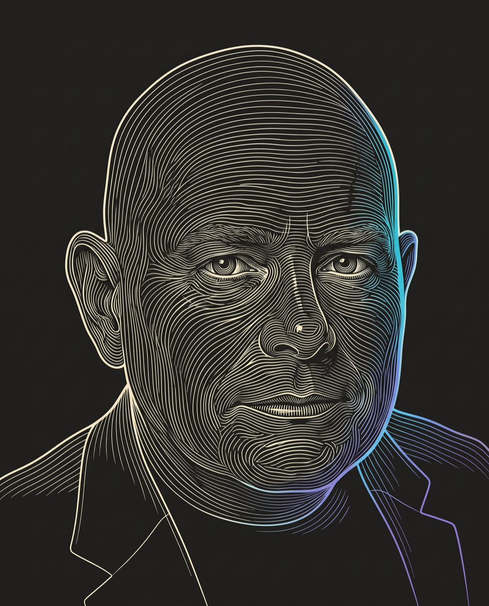 Cream line-engraving portrait of Dave Tinker, VP of eCommerce Solutions at Helped DigitalChalk Find Their ICP.