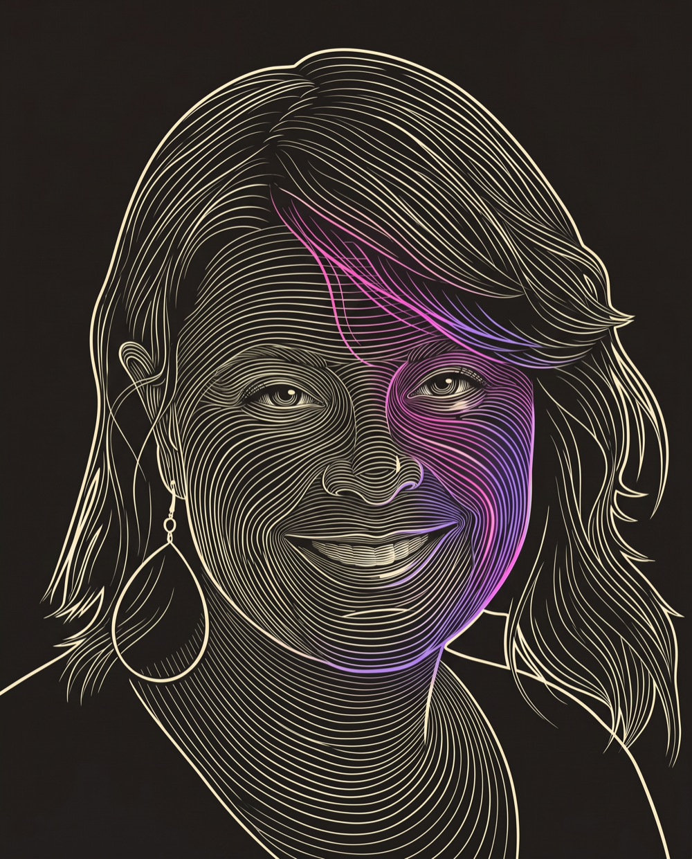 Cream line-engraving portrait of Sarah Allen-Short, VP of Sales and Marketing at Orchestrated Outbound Sales For the Interactive App Give and Take.