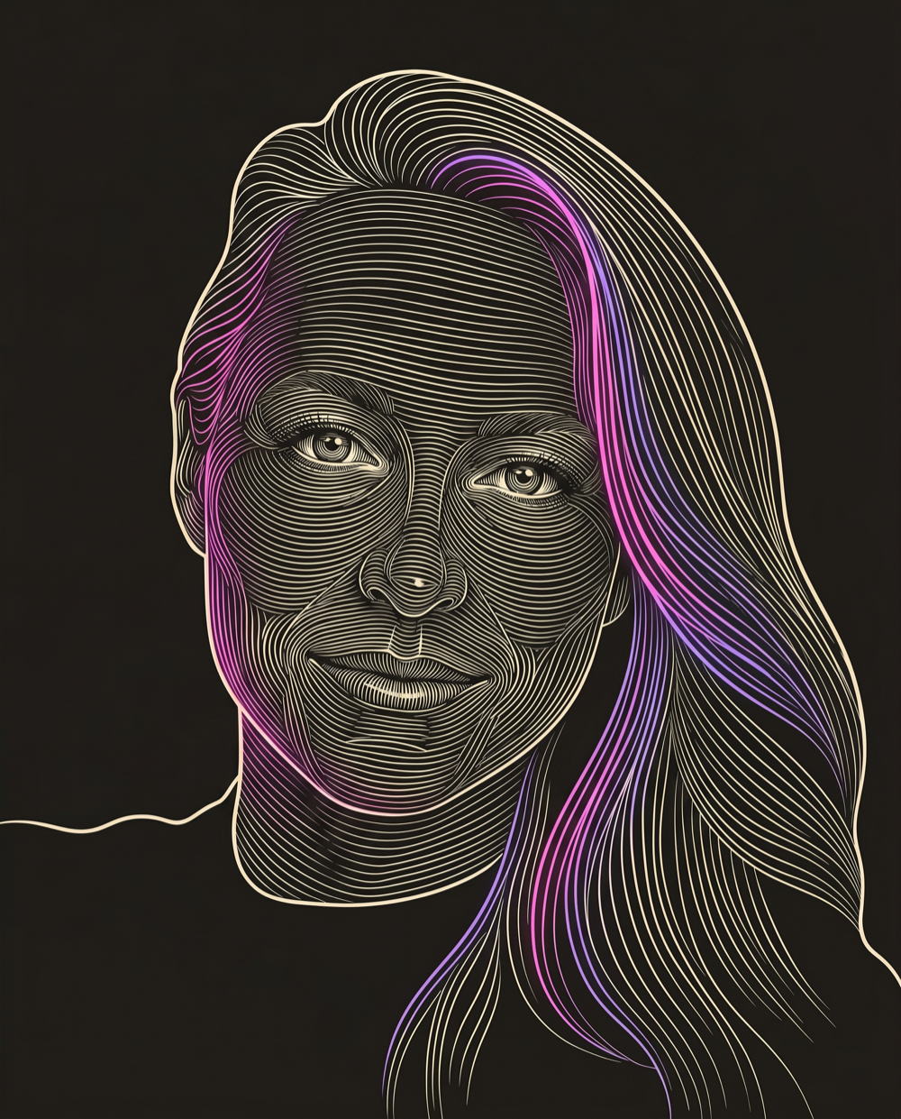 Cream line-engraving portrait of Emma Powers, Head of Marketing at Helped Build a Go-to-Market Strategy for Imperative.