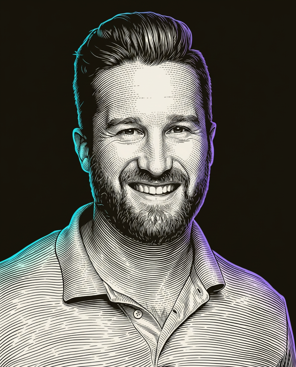 Cream line-engraving portrait of Quincy Berg, Head of Sales at graph8.